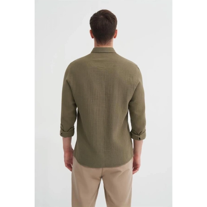 2024 Uzun Kollu Müslin Kumaş Erkek Gömlek Haki