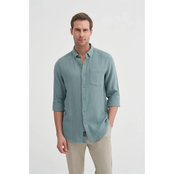 2024 Uzun Kollu Müslin Kumaş Erkek Gömlek Sblue