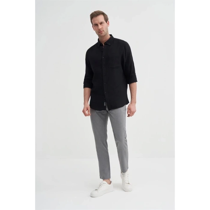 2024 Uzun Kollu Müslin Kumaş Erkek Gömlek Siyah