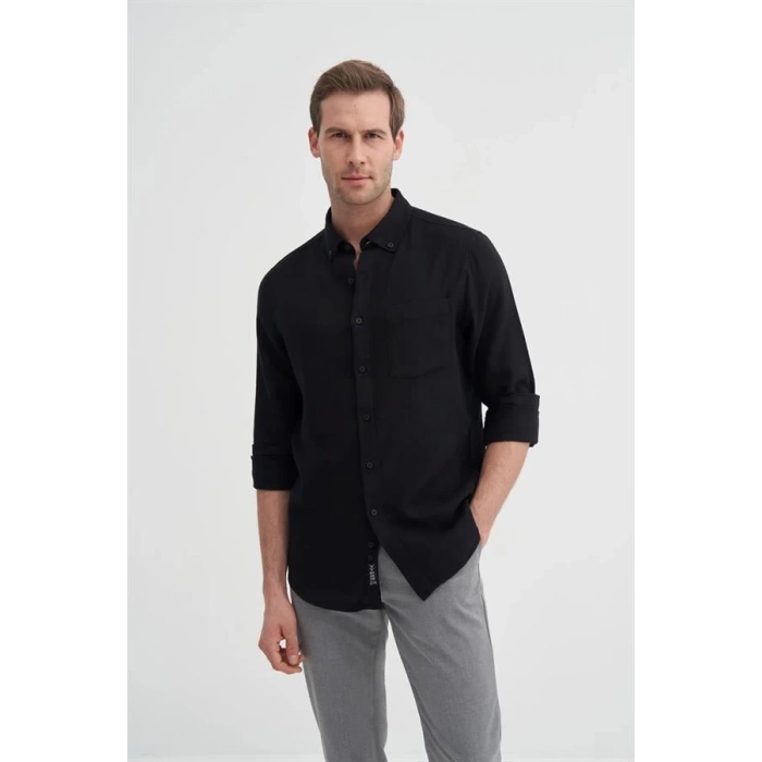 2024 Uzun Kollu Müslin Kumaş Erkek Gömlek Siyah