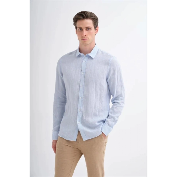 2037 Regular Fit Uzun Kollu Saf Keten Erkek Gömlek Açık Mavi