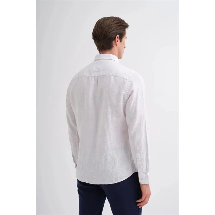 2037 Regular Fit Uzun Kollu Saf Keten Erkek Gömlek Beyaz
