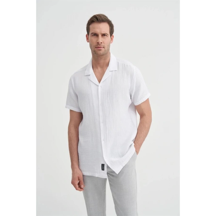 2039 Kısa Kollu Apaş Yaka Müslin Kumaş Erkek Gömlek Beyaz