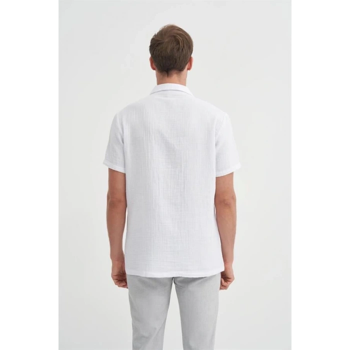 2039 Kısa Kollu Apaş Yaka Müslin Kumaş Erkek Gömlek Beyaz
