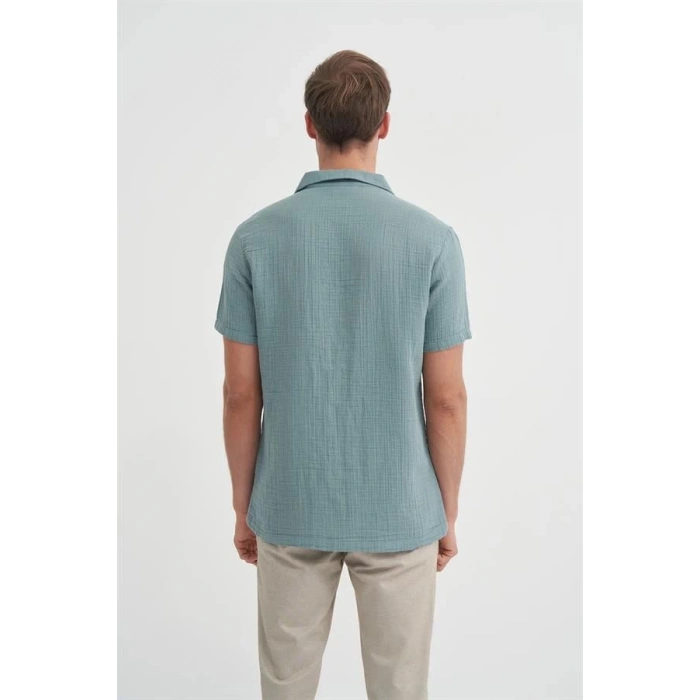 2039 Kısa Kollu Apaş Yaka Müslin Kumaş Erkek Gömlek Sblue