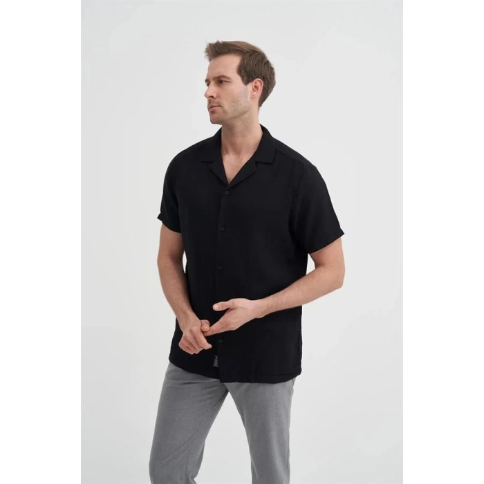2039 Kısa Kollu Apaş Yaka Müslin Kumaş Erkek Gömlek Siyah
