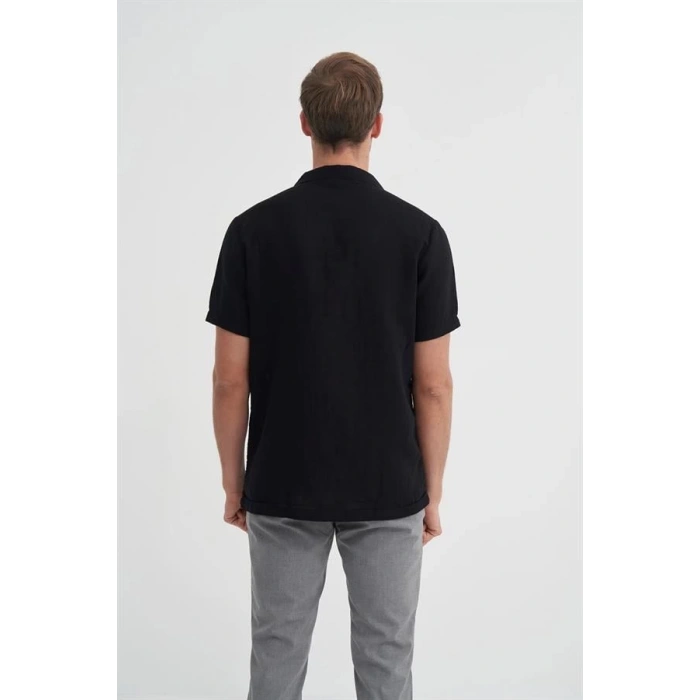 2039 Kısa Kollu Apaş Yaka Müslin Kumaş Erkek Gömlek Siyah