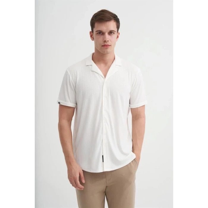2041 Apaş Yaka Viskon Kumaş Kısa Kollu Erkek Gömlek BEYAZ