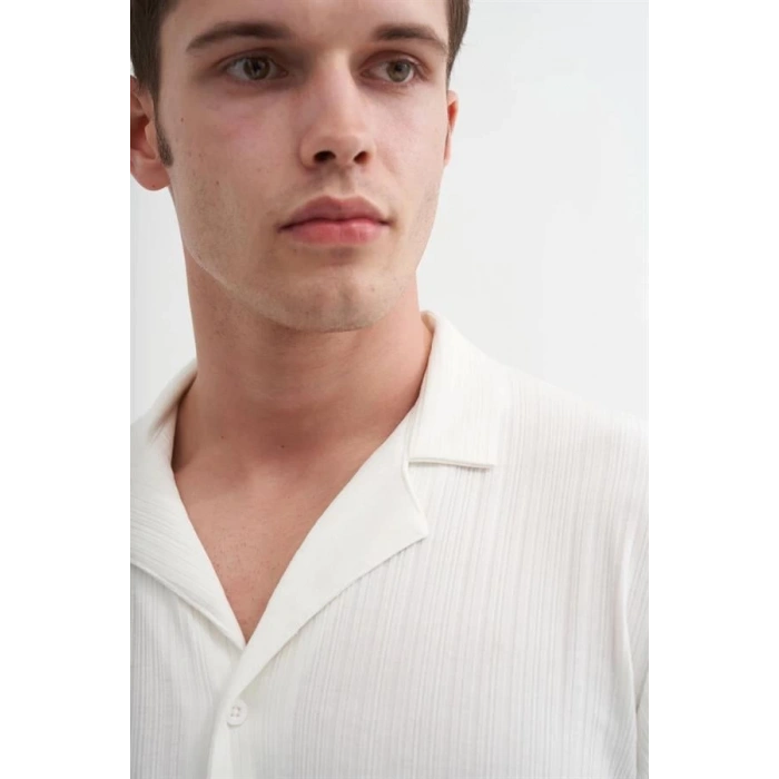 2041 Apaş Yaka Viskon Kumaş Kısa Kollu Erkek Gömlek BEYAZ