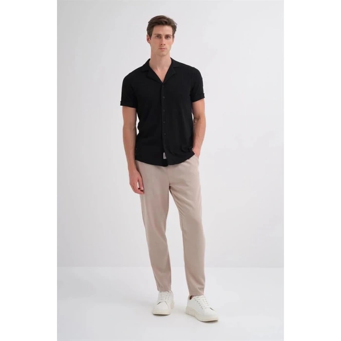 2041 Apaş Yaka Viskon Kumaş Kısa Kollu Erkek Gömlek SİYAH