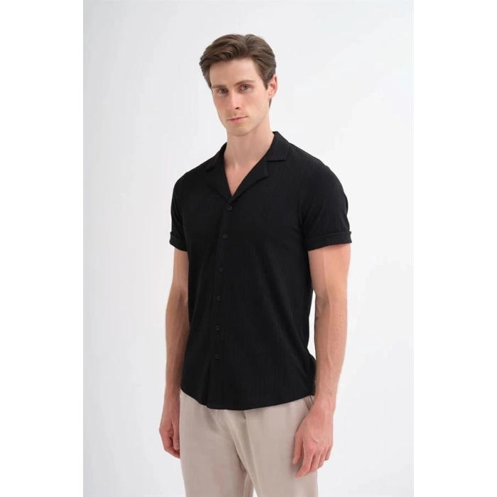 2041 Apaş Yaka Viskon Kumaş Kısa Kollu Erkek Gömlek SİYAH