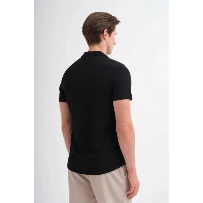 2041 Apaş Yaka Viskon Kumaş Kısa Kollu Erkek Gömlek SİYAH