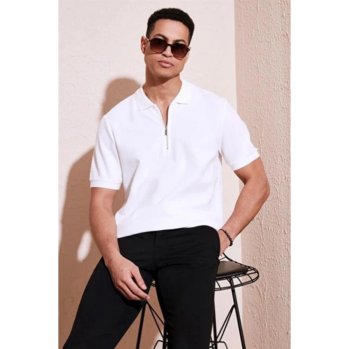 2570 Fermuarlı Polo Yaka Merselize Kumaş Kolu Ve Beli Lastikli Erkek TShirt Beyaz