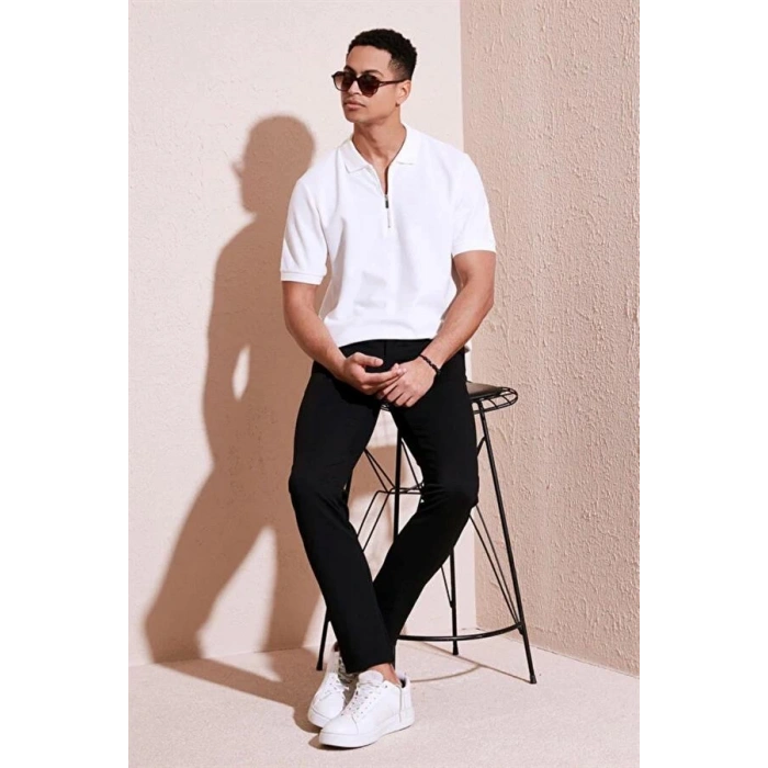 2570 Fermuarlı Polo Yaka Merselize Kumaş Kolu Ve Beli Lastikli Erkek TShirt Beyaz