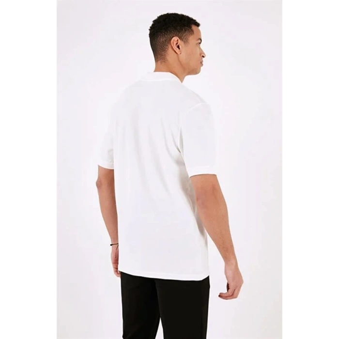 2570 Fermuarlı Polo Yaka Merselize Kumaş Kolu Ve Beli Lastikli Erkek TShirt Beyaz