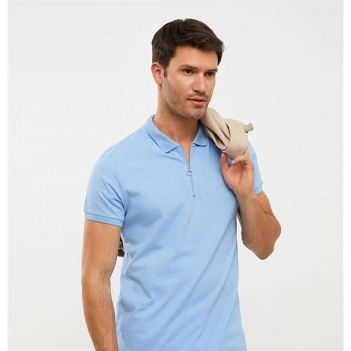 2570 Fermuarlı Polo Yaka Merselize Kumaş Kolu Ve Beli Lastikli Erkek TShirt Mavi