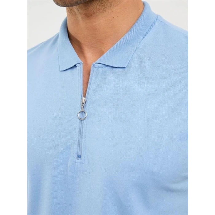 2570 Fermuarlı Polo Yaka Merselize Kumaş Kolu Ve Beli Lastikli Erkek TShirt Mavi