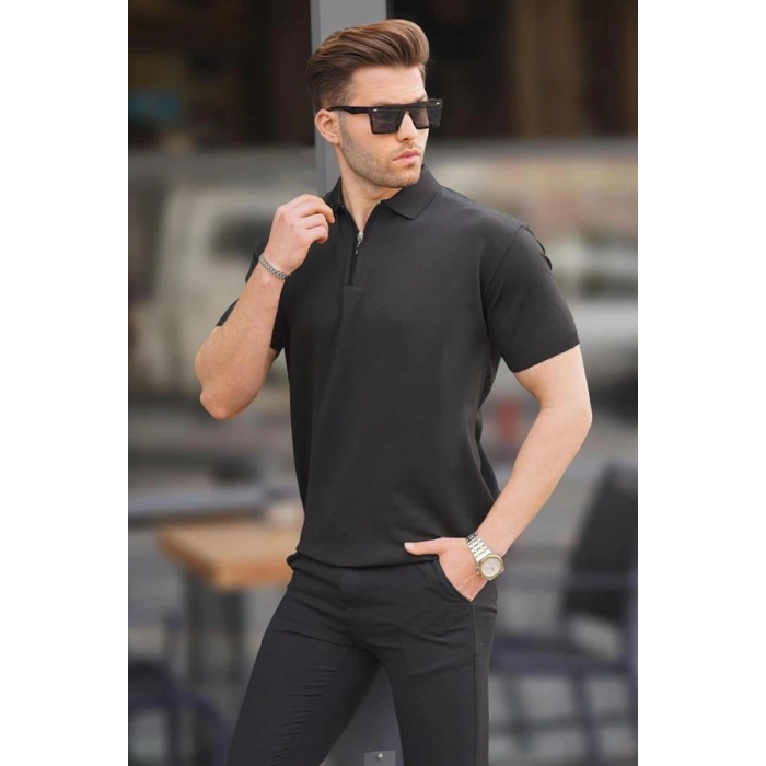 2570 Fermuarlı Polo Yaka Merselize Kumaş Kolu Ve Beli Lastikli Erkek TShirt Siyah