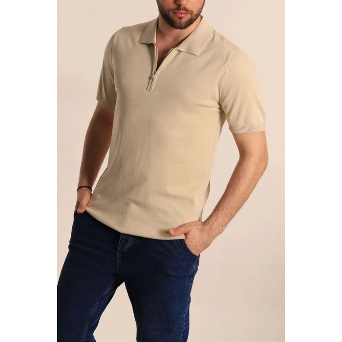 2570 Fermuarlı Polo Yaka Merselize Kumaş Kolu Ve Beli Lastikli Erkek TShirt Taş