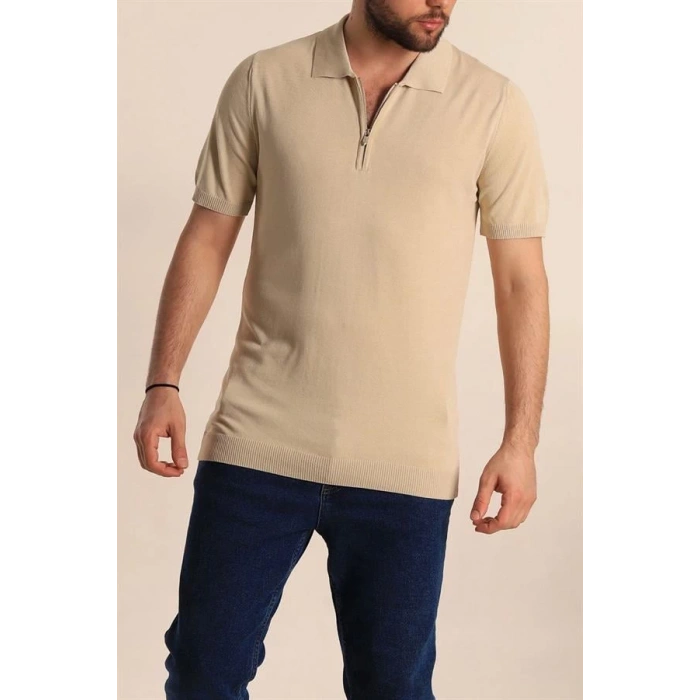 2570 Fermuarlı Polo Yaka Merselize Kumaş Kolu Ve Beli Lastikli Erkek TShirt Taş