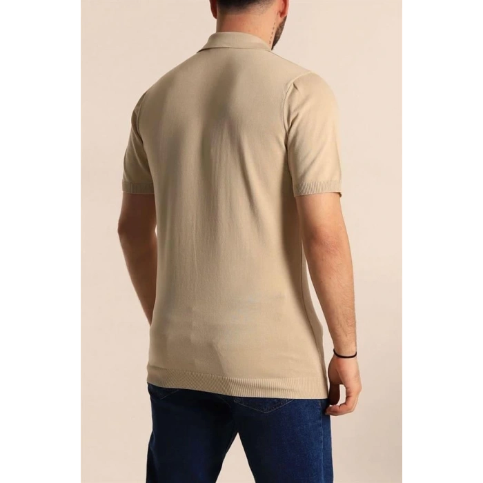 2570 Fermuarlı Polo Yaka Merselize Kumaş Kolu Ve Beli Lastikli Erkek TShirt Taş