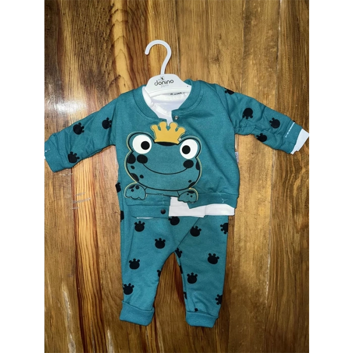 3-12 Aylık Kurbağa Desenli Üçlü Takım Koyumavi