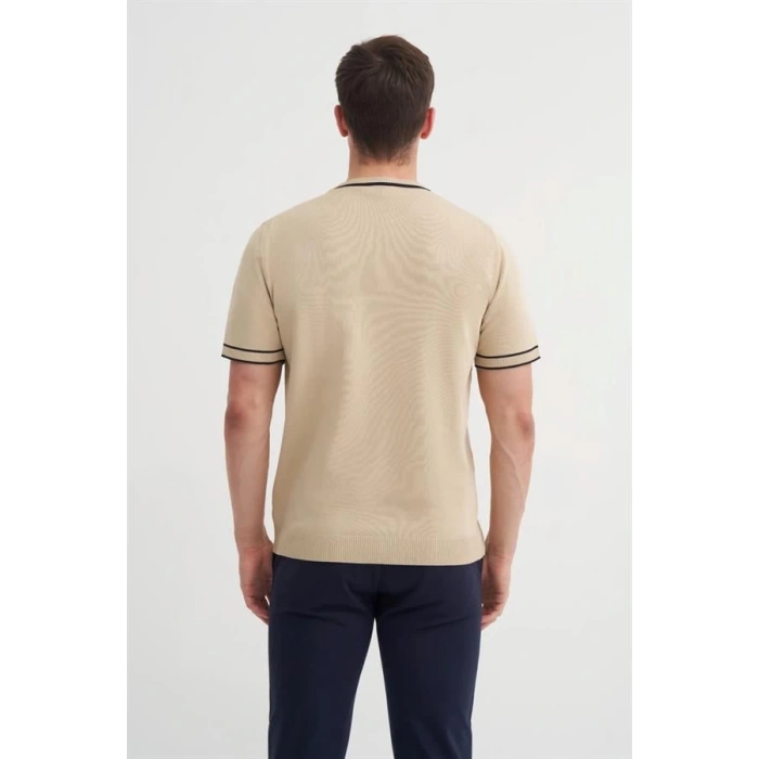 3013 Bisiklet Yaka Bel ve Kol Lastikli Triko Erkek T-Shirt BEJ