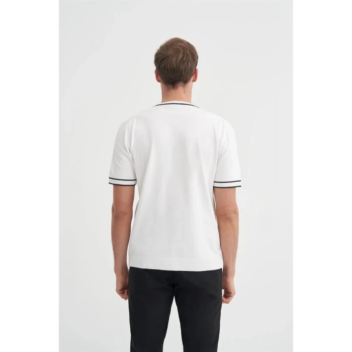 3013 Bisiklet Yaka Bel ve Kol Lastikli Triko Erkek T-Shirt BEYAZ