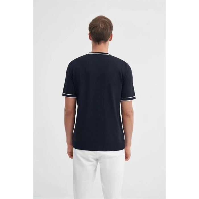 3013 Bisiklet Yaka Bel ve Kol Lastikli Triko Erkek T-Shirt LACİVERT