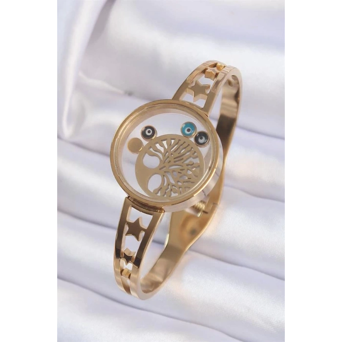 316L Çelik Altın Renk İçi Yaşam Ağacı ve Nazar Boncuk Figürlü Açılabilir Fanus Kelepçe