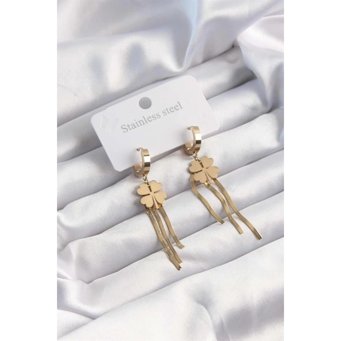 316L Çelik Altın Renk İtalyan Zincirli Yonca Model Halka Küpe