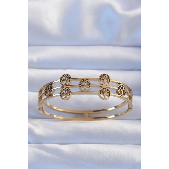 316L Çelik Altın Renk Minimal Yaşam Ağacı Tasarımlı Kelepçe