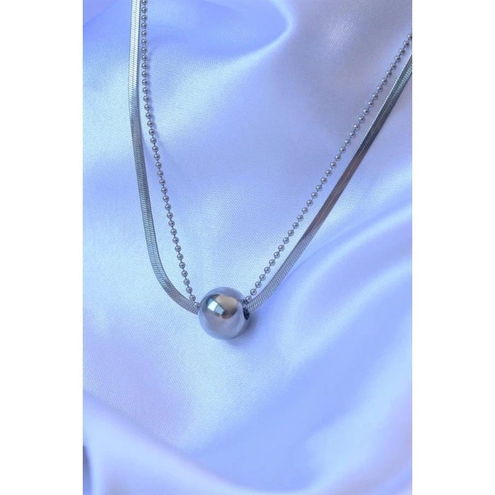 316L Çelik Çift Zincirli Gümüş Renk Topçuk İtalyan Model Kolye