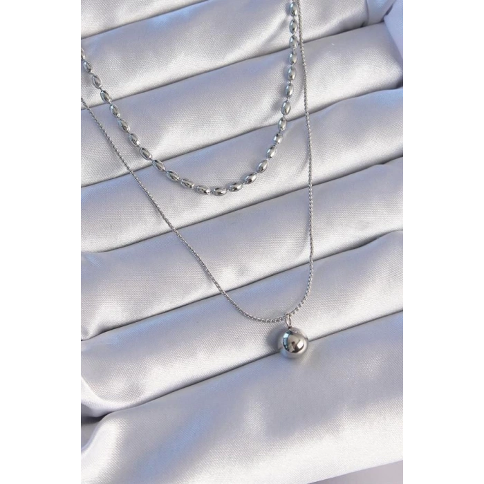 316L Çelik Çift Zincirli Gümüş Renk Topçuk Model Kolye