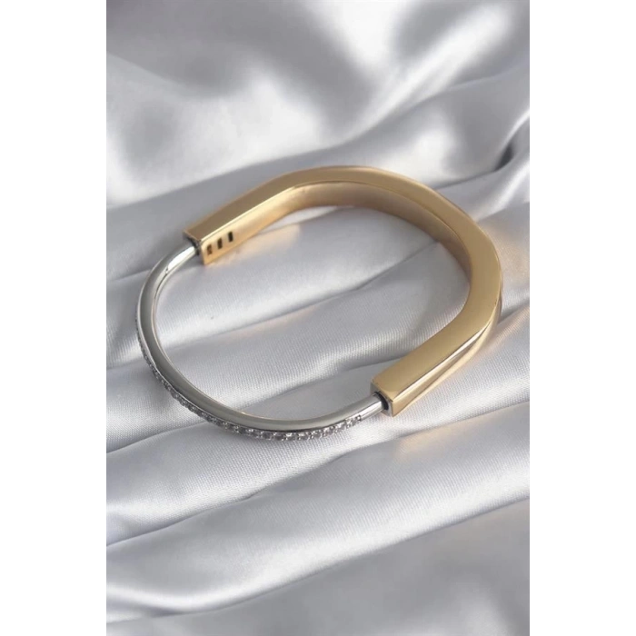 316L Çelik Gold Gümüş Renk Zirkon Taşlı VIP Seri Kadın Kelepçe