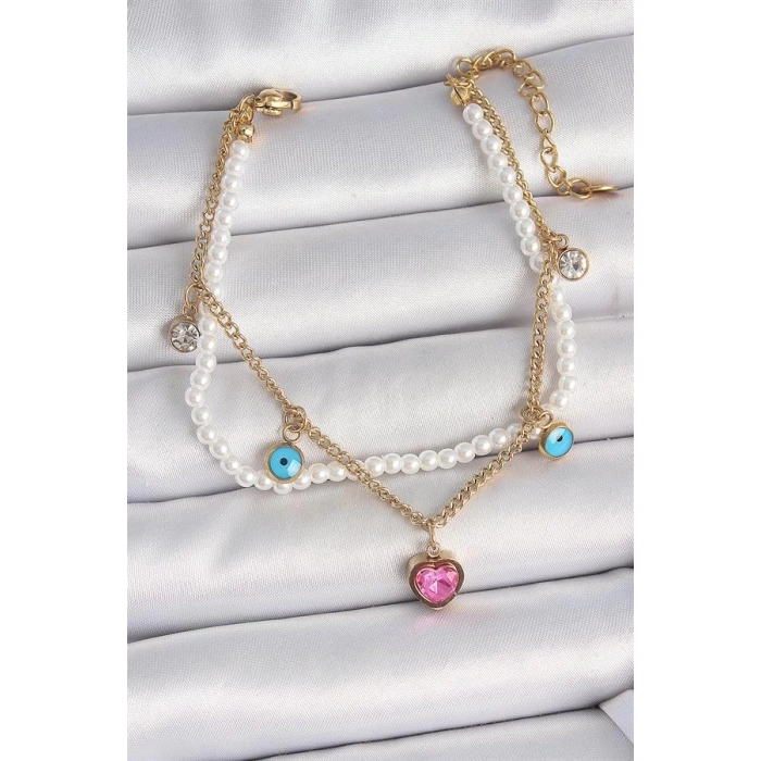 316L Çelik Gold Renk 2Li İncili Zincir Sallantı Pembe Kalp Model Nazar Boncuk Detay Kadın Bileklik