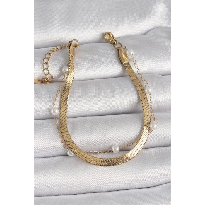 316L Çelik Gold Renk 2Li İtalyan Zincir Model İnci Detay Kadın Bileklik