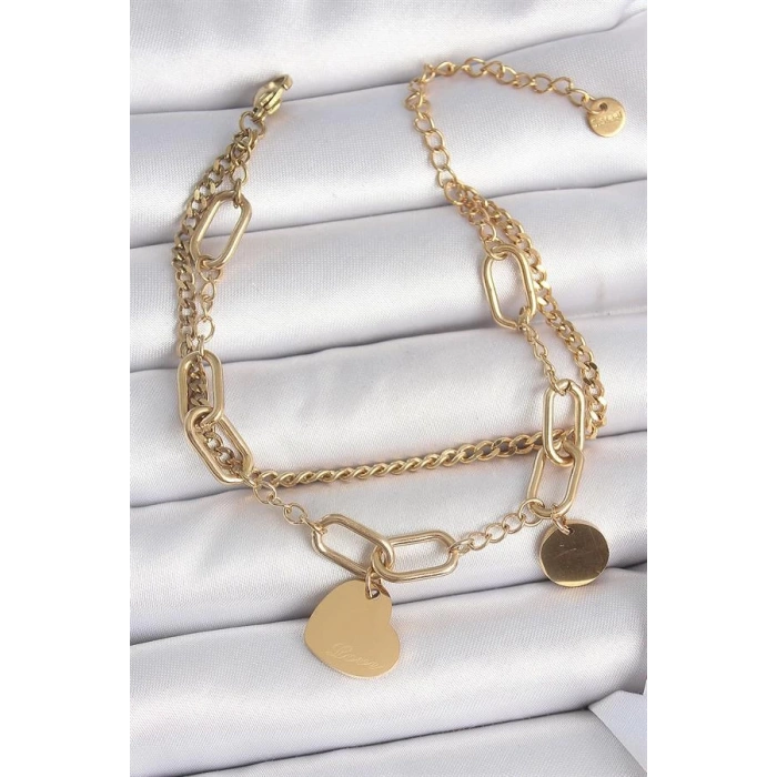 316L Çelik Gold Renk 2Li Zincir Model Sallantı Kalp Figür Kadın Bileklik