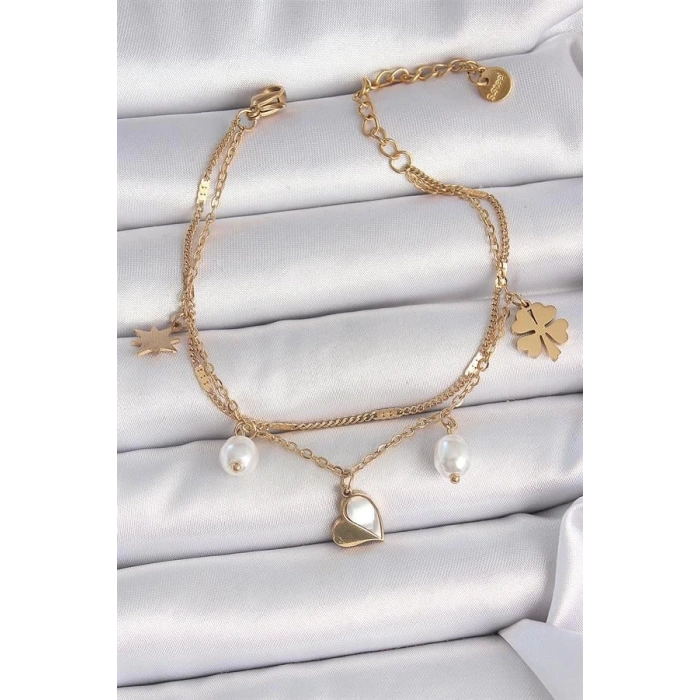 316L Çelik Gold Renk 2li Zincir Model Sallantı Kalp Figür Yonca Detay Kadın Bileklik