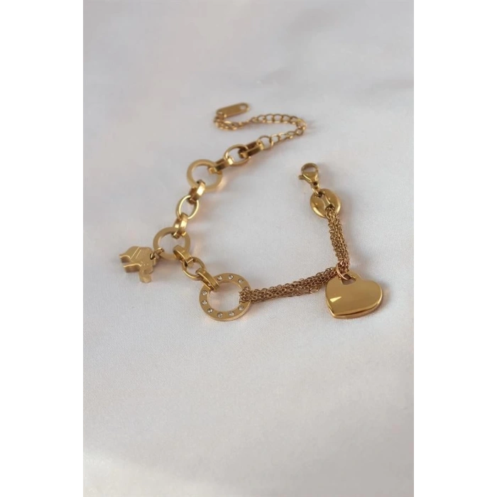 316L Çelik Gold Renk 2li Zincir Model Zirkon Taş Detay Kadın Bileklik