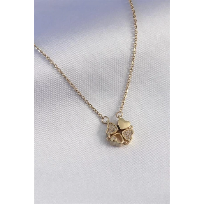 316L Çelik Gold Renk Açılır Yonca Model Zirkon Taşlı Kadın Kolye