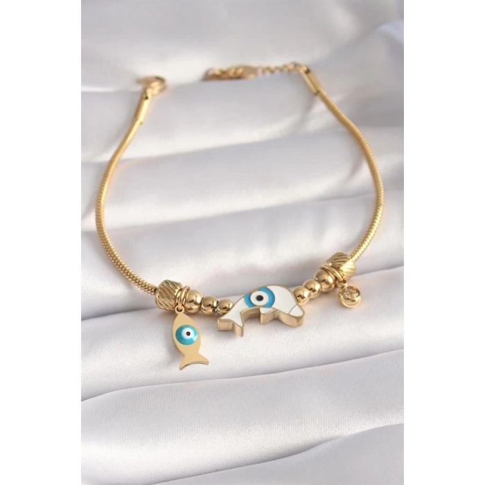 316L Çelik Gold Renk Balık Figür Nazar Boncuk İşleme Kadın Bileklik