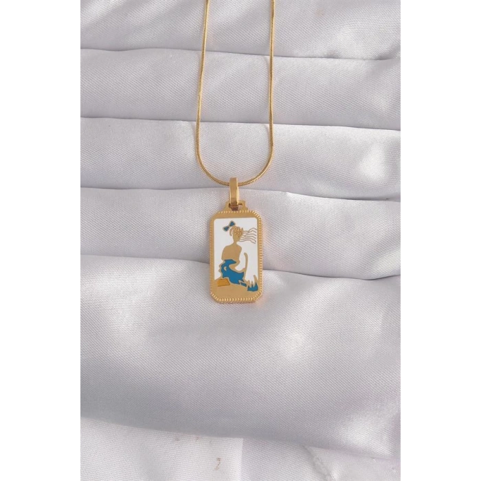 316L Çelik Gold Renk Beyaz Mineli Kız Figür Tarot Kolye