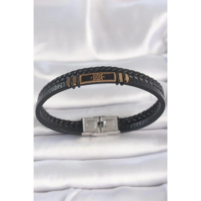 316L Çelik Gold Renk Gemi Dümeni Aksesuarlı Çift Sıra Burgu Desenli Deri Kordon Erkek Bileklik