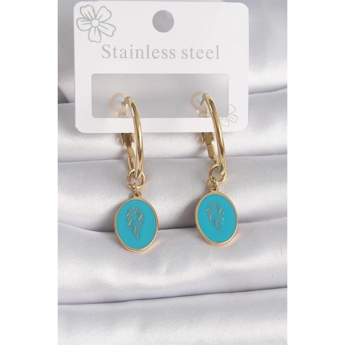 316L Çelik Gold Renk Halka Model Mavi İşlemeli Detay Kadın Küpe