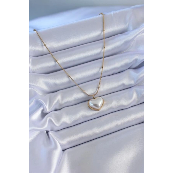 316L Çelik Gold Renk İncili Kalp Model Minimal Top Detay Kadın Kolye