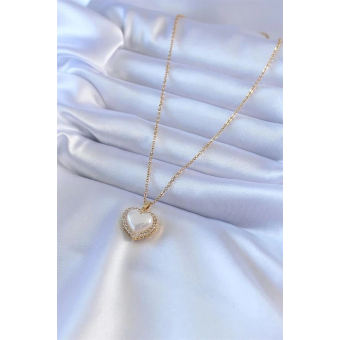 316L Çelik Gold Renk İncili Kalp Model Zirkon Taşlı Kadın Kolye