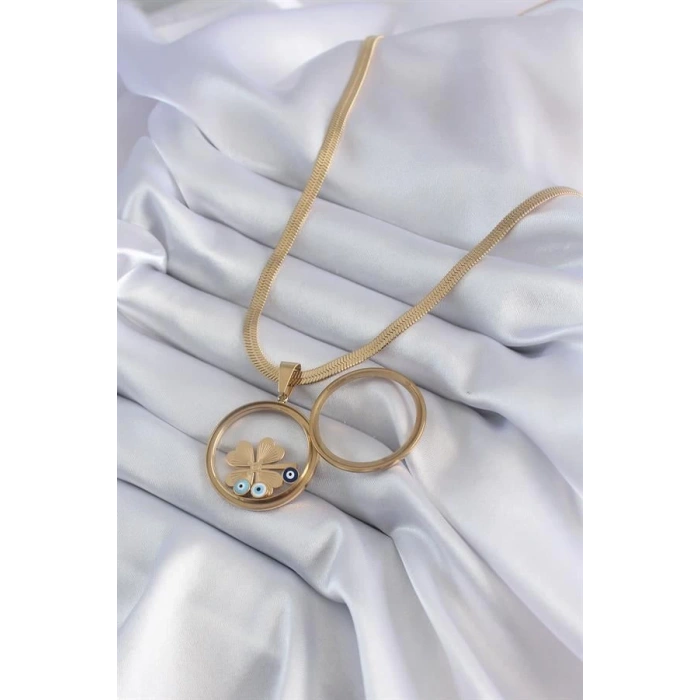 316L Çelik Gold Renk İtalyan Zincir Açılabilir Fanus Yonca Figür Model Kadın Kolye