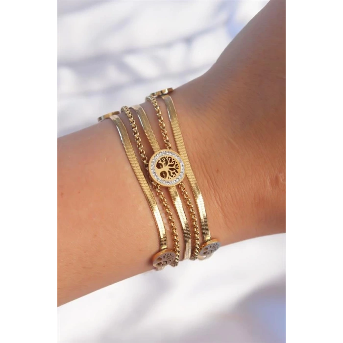 316L Çelik Gold Renk İtalyan Zincir Detaylı Zirkon Taşlı Yaşam Ağacı Tasarımlı Çoklu Bileklik