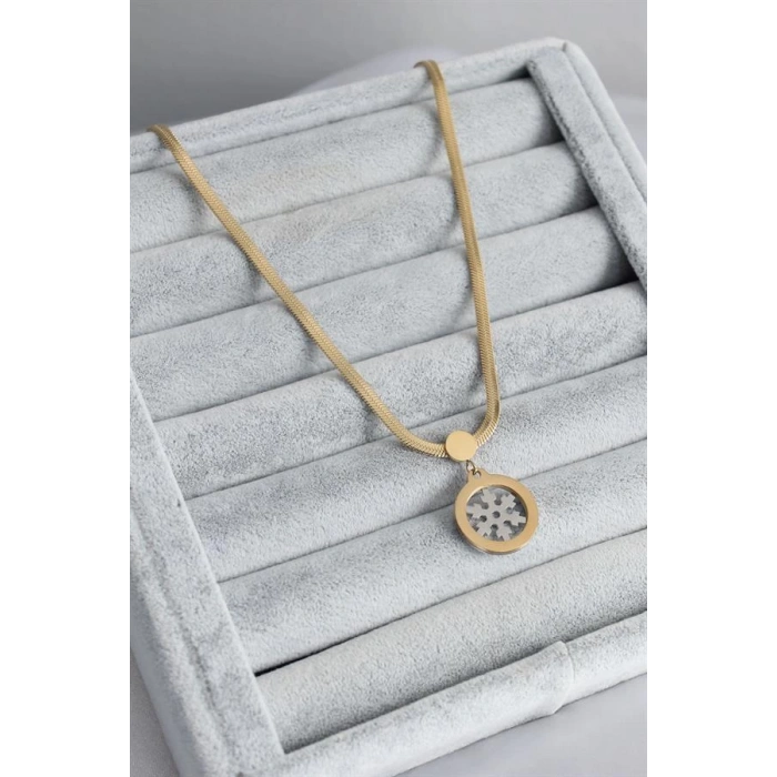 316L Çelik Gold Renk İtalyan Zincir Model Gümüş Kar Tanesi Figür Kadın Kolye